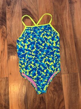 TYR Neon Blue and Lime Camo One-Piece Swimsuit